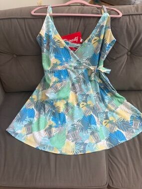 Shinesty - Tropical Derby Print Wrap Dress in Aqua, Blue & Yellow - NWT